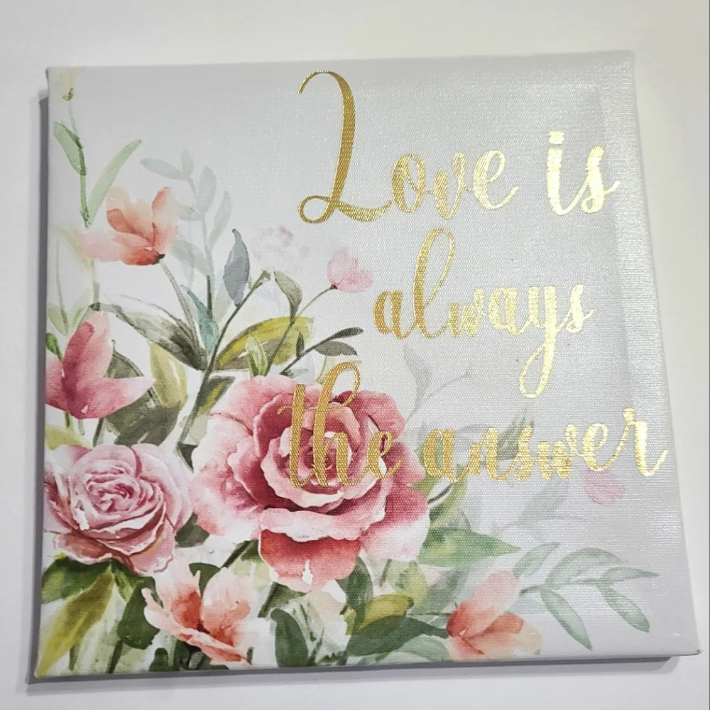 Pink Floral Love Is Always The Answer Gold Foil Inscribed Canvas Print Wall Art